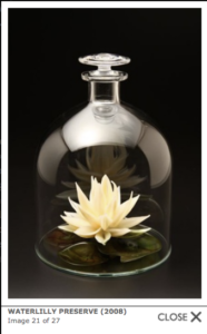 A gorgous yellow water lily sits inthe center of a wide galss jar. The jar has a narrow neck and s stopper. You have to ownder how this artist makes and places pieces of such intricate detail inside a glass bottle. 